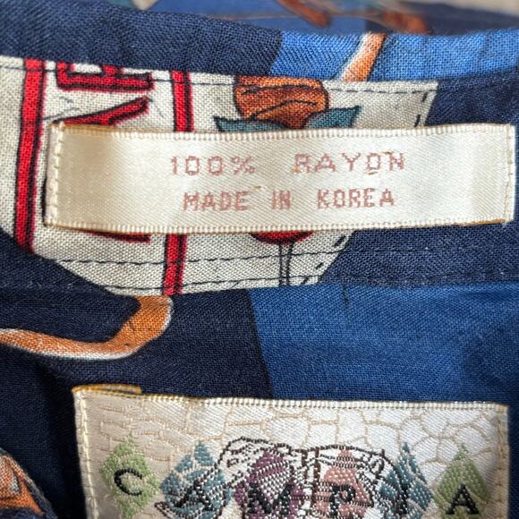 Vintage Campia Moda BBQ Shirt XL Blue Checked Grill Apron Print Rayon Boxy Camp - Picture 6 of 9